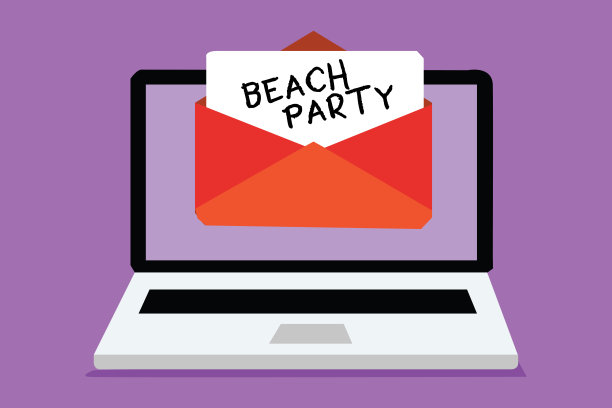 文字文字沙滩派对。商业概念为小或大的节日在海边举行，通常穿着比基尼电脑接收电子邮件的重要信息信封与纸虚拟。图片下载