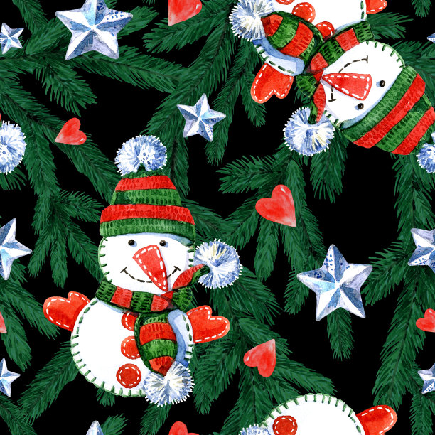 圣诞节无缝图案的节日装饰，雪人玩具和装饰品。水彩假日插图。图片下载