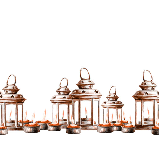 圣诞节无缝图案的烛台和蜡烛。水彩假日插图。图片下载