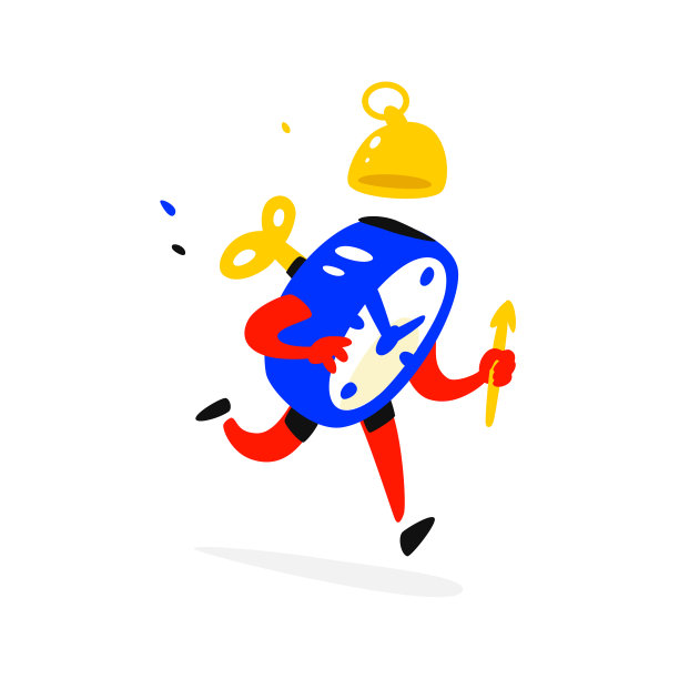 卡通人物是一只闹钟。时间不多了。时钟在响。时间跑了。图像是孤立的白色背景。平面插图的标志，打印和网站。时机。图片下载