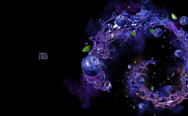 蓝莓汁液体喷溅，装饰螺旋。三维演示图片下载