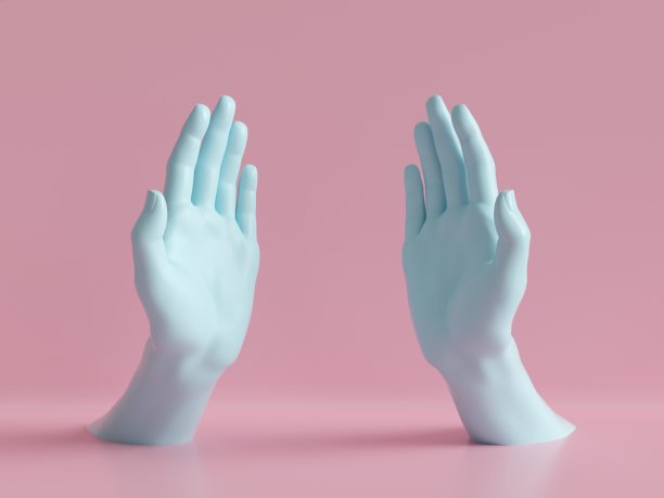 3d渲染，女性双手孤立，手掌张开，珠宝店展示，极简时尚背景，人体模型身体部分，帮助人的手，展示，展示，粉蓝色柔和的颜色图片下载