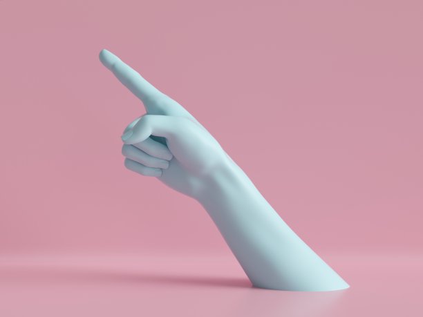 3d渲染，女性手孤立，手指向上，指向手势，方向符号，商店展示，最小时尚背景，人体模型的身体部分，展示，展示，粉蓝色柔和的颜色图片下载