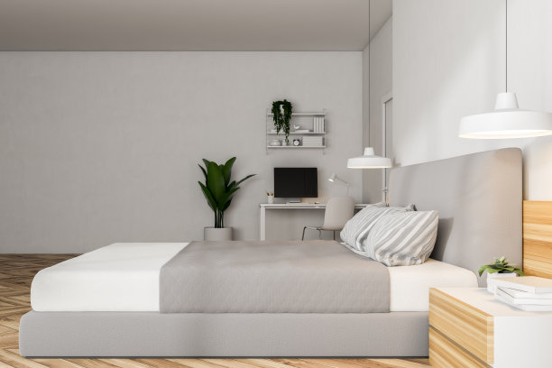 木地板卧室内部，侧视图图片下载