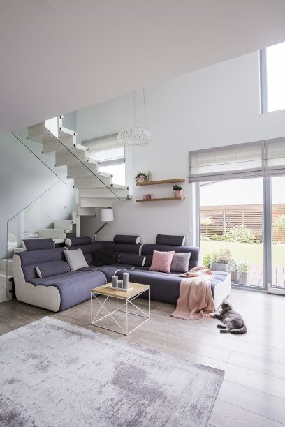 一个宽敞的客厅内部的真实照片，一个角落的沙发，咖啡桌和地毯图片下载