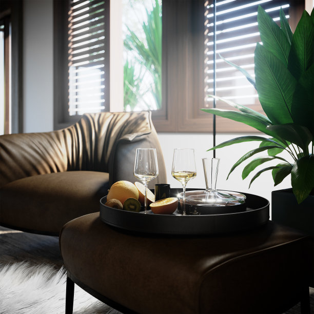 棕榈树与酒杯的奢华室内静物特写图片下载