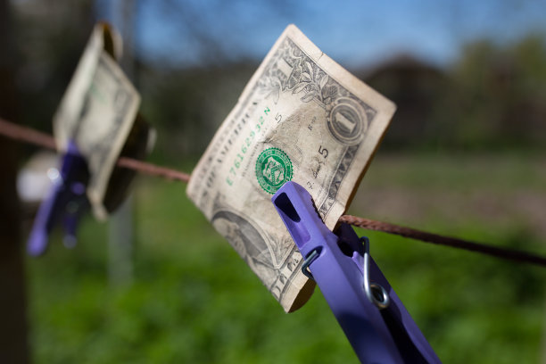 美元挂在户外的衣钩上。在阳光明媚的日子里，钱在绿色的院子里晾晒在衣服别针上。贫困经济状况照片。图片下载