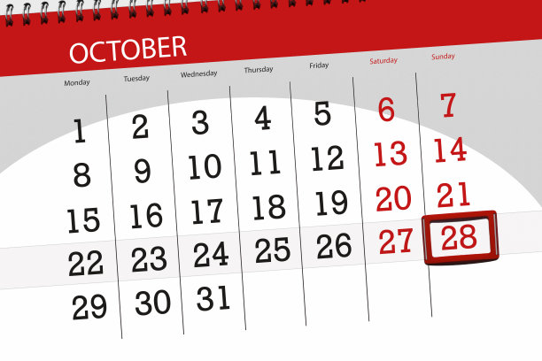 日历计划的月，截止日期2018年10月28日，周日图片下载