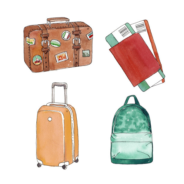 水彩手绘旅行行李插图素描设置在白色的背景图片下载