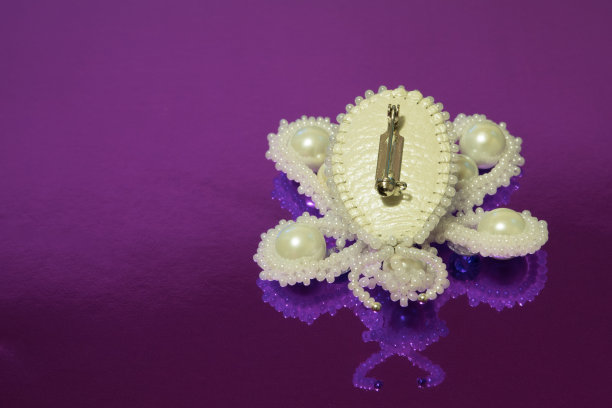 胸针蝴蝶由白色珠子手工制作，白色人造珍珠和两颗锆石。扣环的反面图片下载