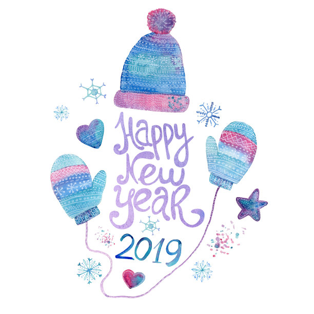 新年快乐手绘水彩手写插图与雪花和温暖的帽子和手套图片下载