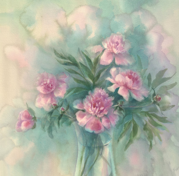 粉色牡丹水彩背景。母亲的一天。生日贺卡素材图片