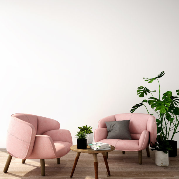 3d效果图，3d插画，现代风格的客厅或接待室内设计，扶手椅，桌子，木地板植物和白色墙壁图片下载