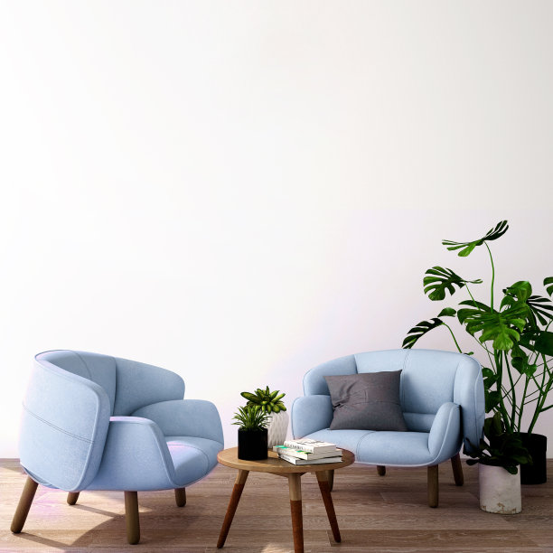 3d效果图，3d插画，现代风格的客厅或接待室内设计，扶手椅，桌子，木地板植物和白色墙壁图片下载