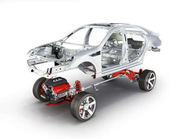 车身和悬挂的汽车与车轮和发动机起落架与车身在白色背景3d详细隔离图片下载