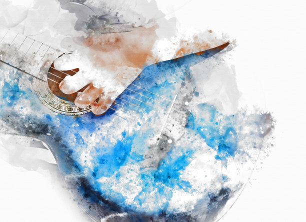 抽象美丽的弹吉他在前景上的水彩画背景和数字插图的笔刷艺术。图片下载