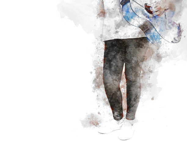 抽象美丽的弹吉他在前景上的水彩画背景和数字插图的笔刷艺术。图片下载