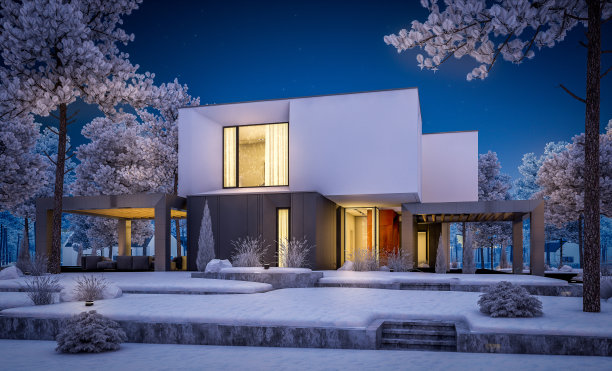 3d渲染现代舒适的房子花园凉爽的冬夜图片下载