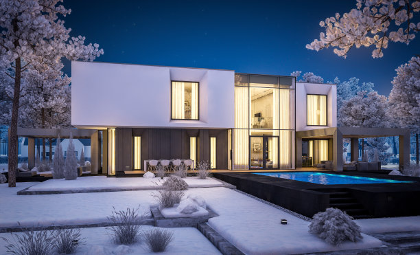 3d渲染现代舒适的房子花园凉爽的冬夜图片下载