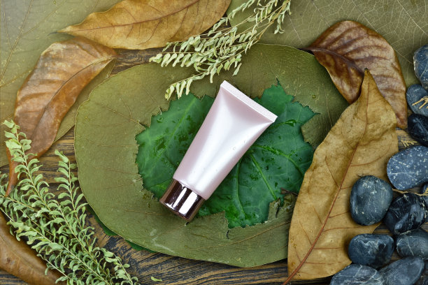 化妆品瓶包装容器在自然背景，皮肤护理在绿叶，保湿和干损伤护理理念。图片下载