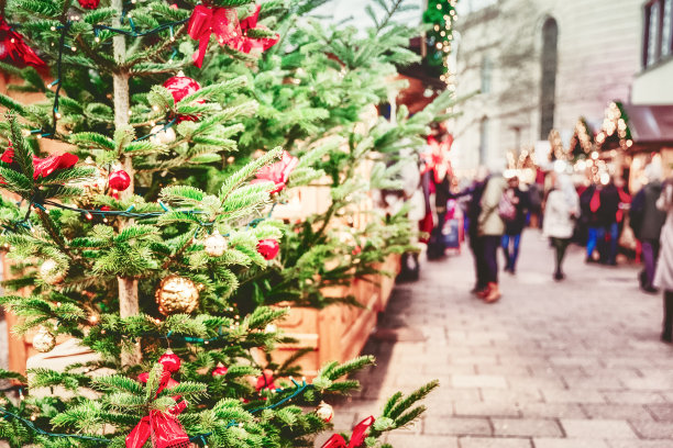 购买礼物降临概念。圣诞树。德国首都柏林小圣诞市场上的街道。走路的人注意力不集中。圣诞节是欧洲人一年中主要的庆祝活动。图片下载