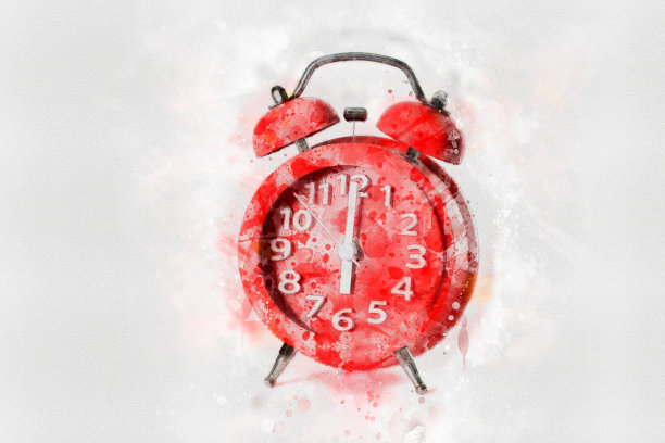 白色背景红色闹钟水彩画，数码艺术风格，插画图片下载