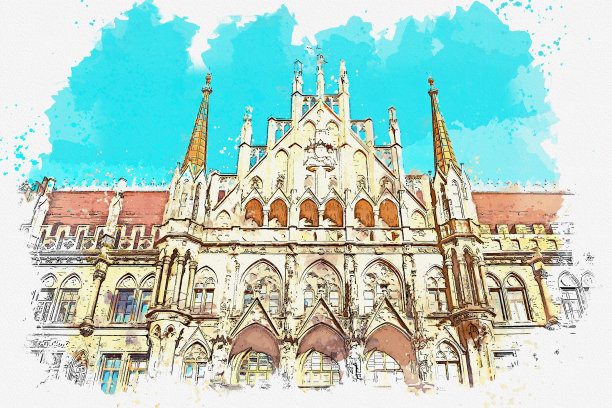 水彩素描水彩素描或插图位于慕尼黑中心广场的市政厅玛丽恩广场。图片下载