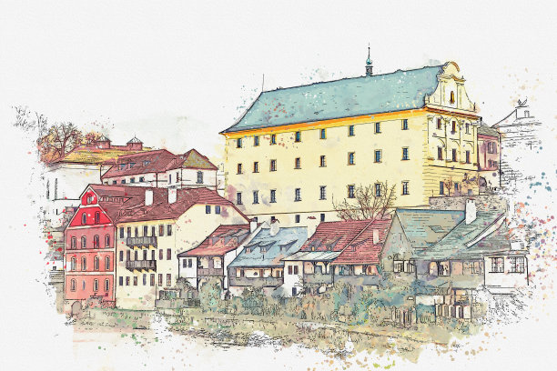 捷克克鲁姆洛夫传统建筑的水彩素描或插图图片下载