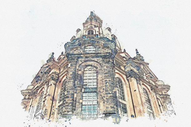 水彩素描水彩素描或插图在德国的德累斯顿，这个教堂被称为圣母教堂图片下载