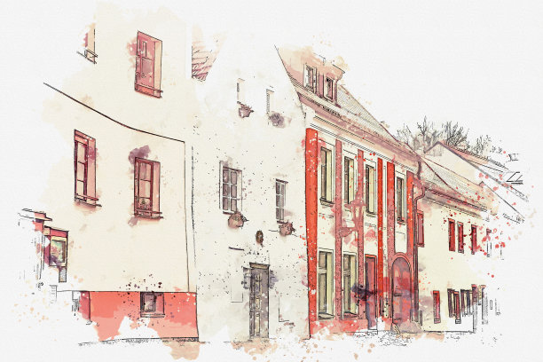 捷克克鲁姆洛夫传统建筑的水彩素描或插图图片下载