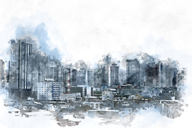 抽象办公楼以城市建筑为背景绘制水彩画。城市上的数字插画刷艺术。图片下载