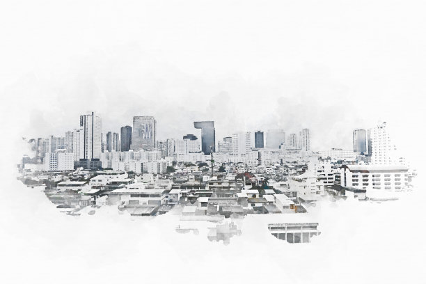 抽象办公楼以城市建筑为背景绘制水彩画。城市上的数字插画刷艺术。图片下载