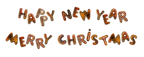 一套姜饼饼干的字母与愿望的标题。“新年快乐”，“圣诞快乐”。手绘水彩插图图片下载