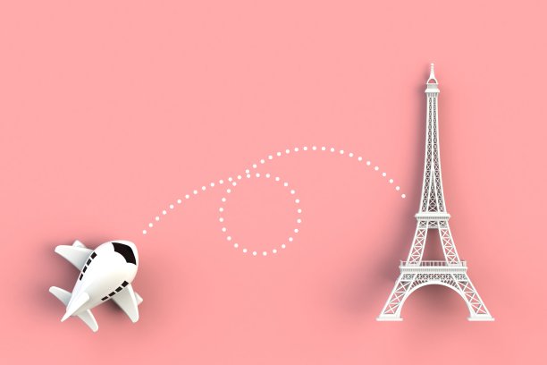 飞机飞到埃菲尔铁塔的近距离概念插图在粉红色的背景，顶视图与复制空间，3d渲染图片下载
