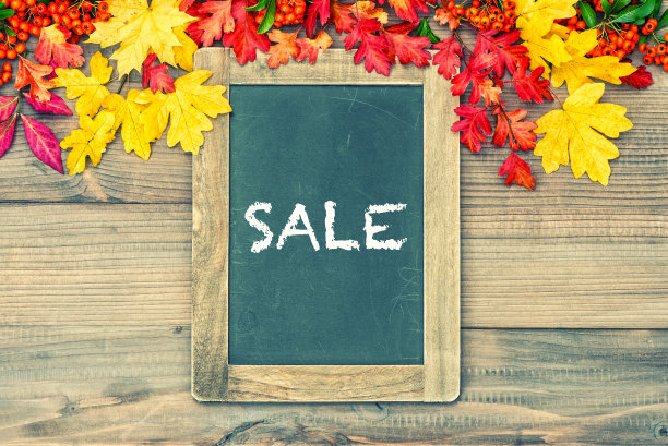 黑板彩色树叶销售概念复古图片下载