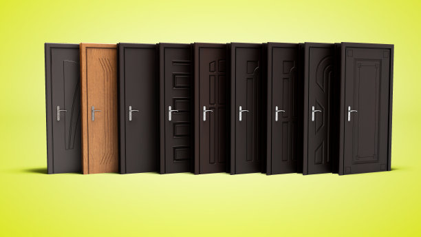 一组金属入口门关闭的3d渲染黄色背景与阴影图片下载