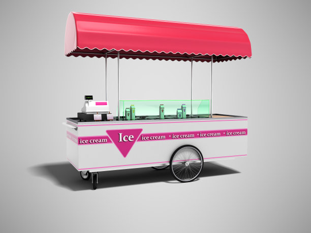 现代的粉红色手推车冰箱与不同口味的冰淇淋3d渲染在灰色的背景与阴影图片下载