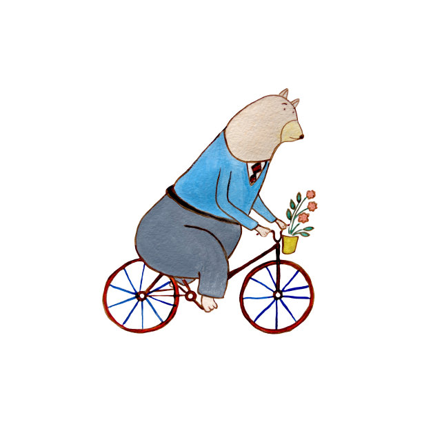 骑自行车的水彩画熊。图片下载