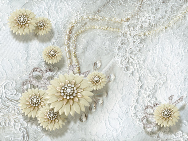 3D壁纸，珠宝花和珍珠在白色蕾丝背景。图片下载