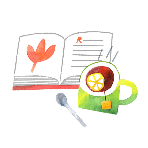 打开的书本、茶和柠檬（白色背景）素材图片