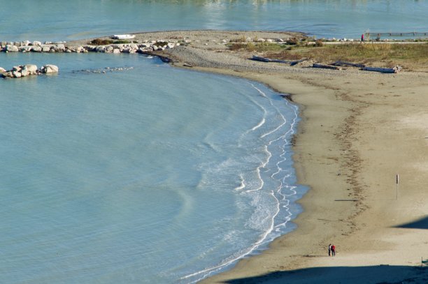 亚得里亚海的海滩有蓝色的水，植物，黄色的沙子图片下载
