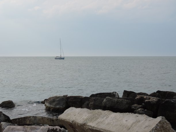 亚得里亚海的海滩有蓝色的水，植物，黄色的沙子图片下载