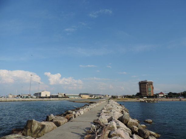 亚得里亚海的海滩有蓝色的水，植物，黄色的沙子图片下载