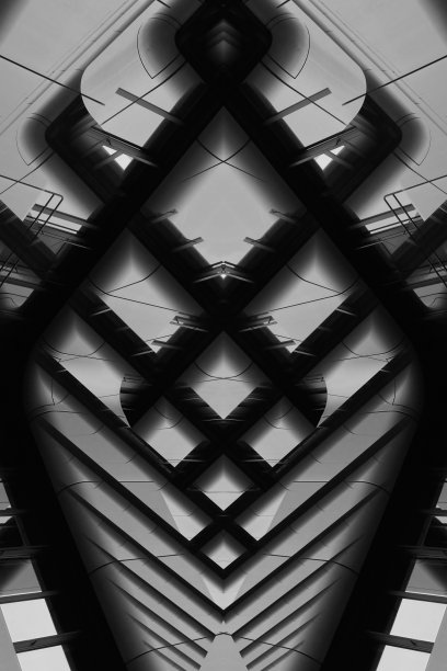 建筑网格结构。类似未来工业或办公建筑碎片的计算机图形图像。以现代建筑、工业或技术为主题的不同寻常的抽象黑白图像。图片下载