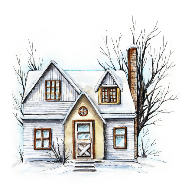 水彩冬天的房子在雪图片下载