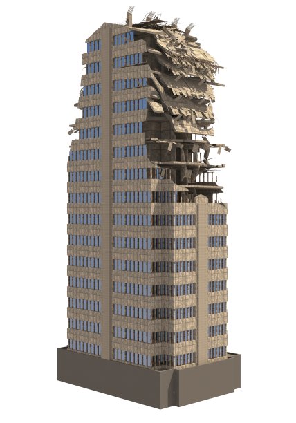 废墟摩天大楼孤立的白色3D插图图片下载