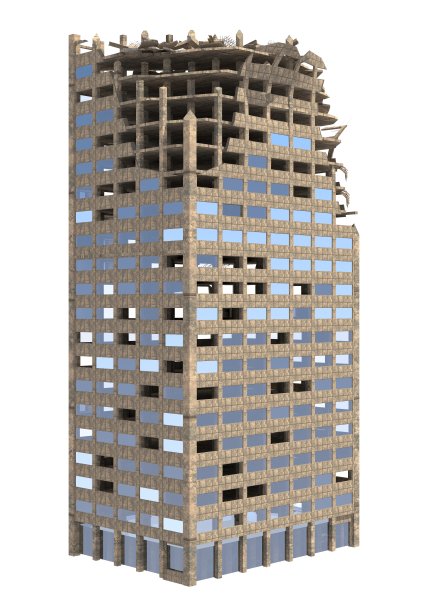 废墟摩天大楼孤立的白色3D插图图片下载