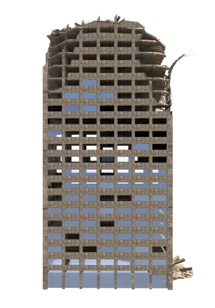 废墟摩天大楼孤立的白色3D插图图片下载