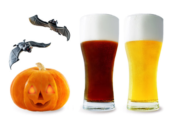 啤酒单:淡啤酒和黑啤酒，南瓜和蝙蝠隔离图片下载