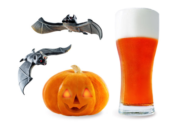 啤酒单:红啤酒，南瓜和蝙蝠隔离图片下载
